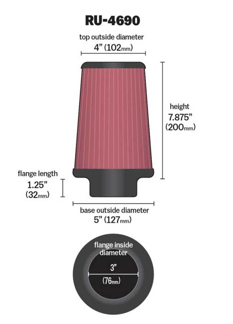 K&N Engineering K&N Universal Round Tapered Filter 3 inch FLG / 5 inch Bottom / 4 inch Top / 7 7/8 inch Height
