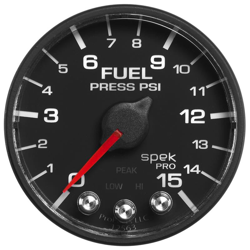 Autometer Spek-Pro Gauge Fuel Press 2 1/16in 15psi Stepper Motor W/Peak & Warn Blk/Blk