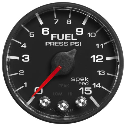 Autometer Spek-Pro Gauge Fuel Press 2 1/16in 15psi Stepper Motor W/Peak & Warn Blk/Blk