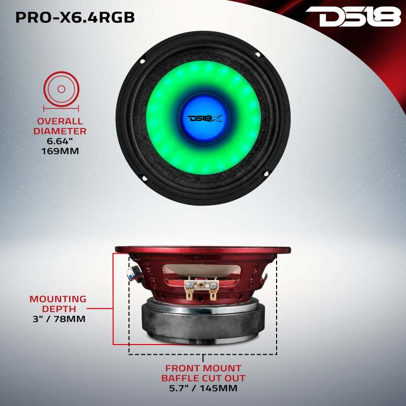 DS18 6.5in 250 Watts RMS 4ohm Mid Range Loudspeaker w/Translucent Dust Cap and Cone w/RGB LED Lights