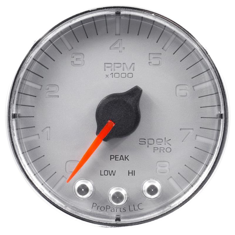 Autometer Spek-Pro Gauge Tachometer 5in 8K Rpm W/Shift Light & Peak Mem Silver/Chrome