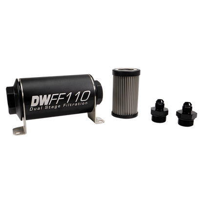DeatschWerks Stainless Steel 6AN 10 Micron Universal Inline Fuel Filter Housing Kit (110mm)