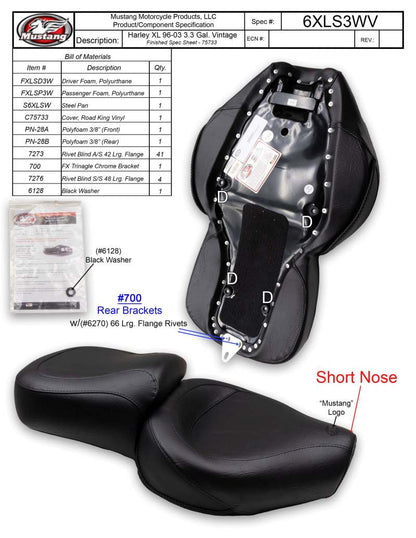 Mustang Motorcycle Mustang 96-03 Harley Sportster 3.3 Gal Vintage Touring-XIS 1PC Seat - Blackl