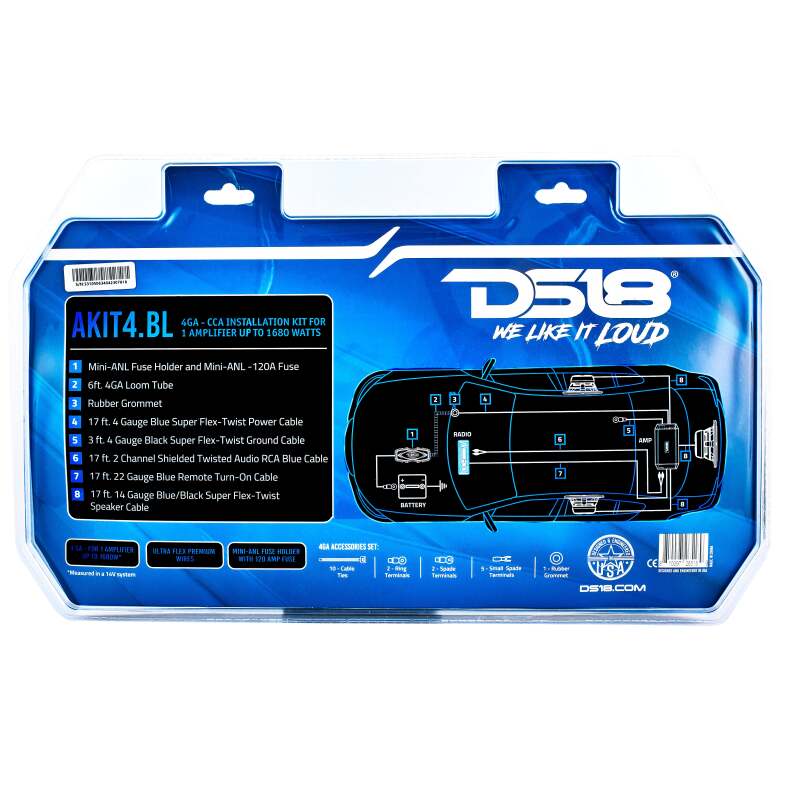 DS18 4-GA Amplifier Install Kit Advance- Blue