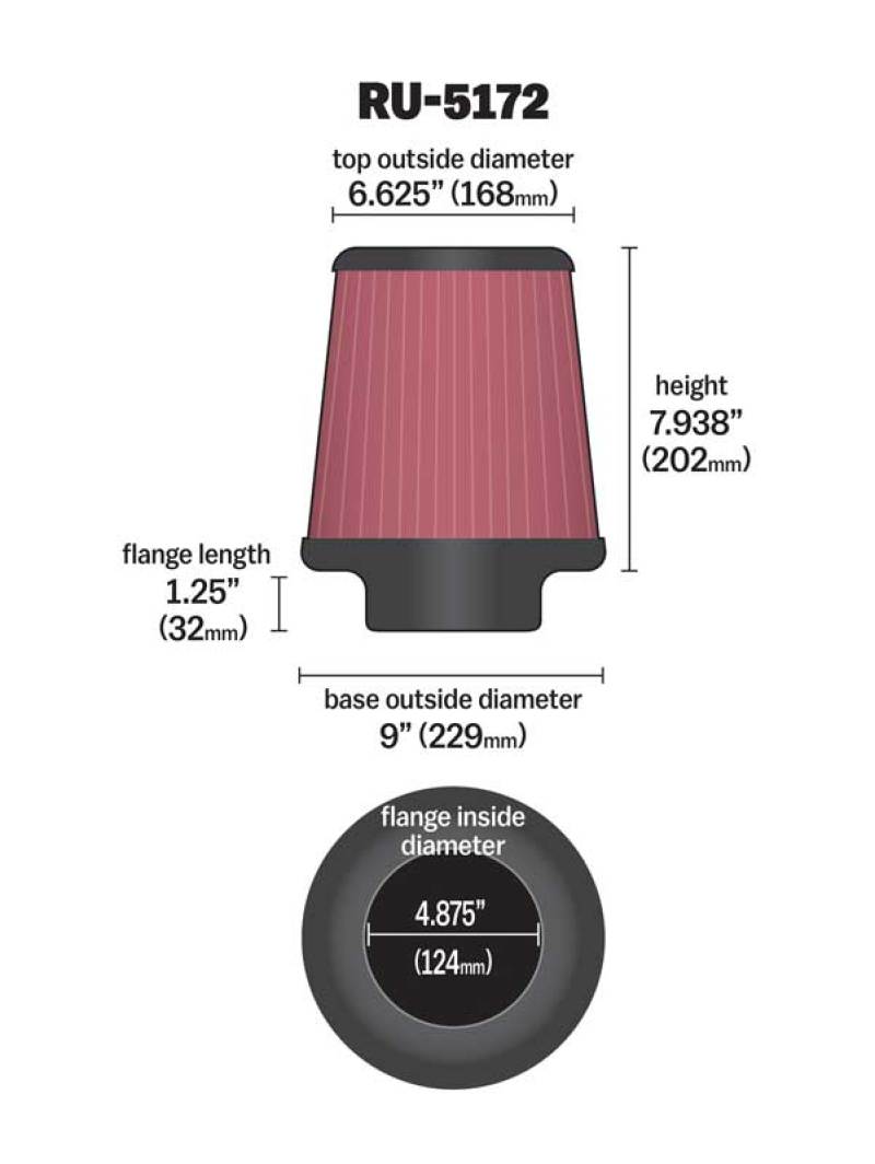K&N Engineering K&N Universal Rubber Filter-Round Tprd 4.875in Flange ID x 9in Base OD x 6.625in Top OD x 7.938in H