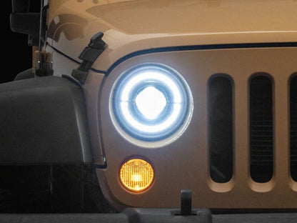 Raxiom 07-08 Jeep Wrangler JK Hi Output LED Headlights/Angel Eye DRL- Black Housing- Clear Lens
