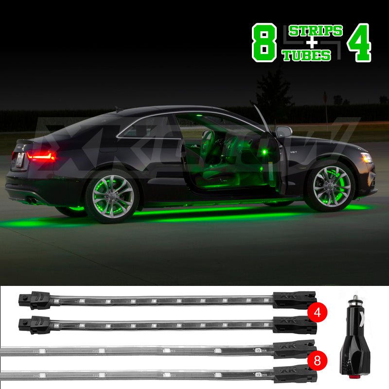 XKGLOW XK Glow Strip Single Color Underglow LED Accent Light Car/Truck Kit Green - 8x24In Tube + 4x8In