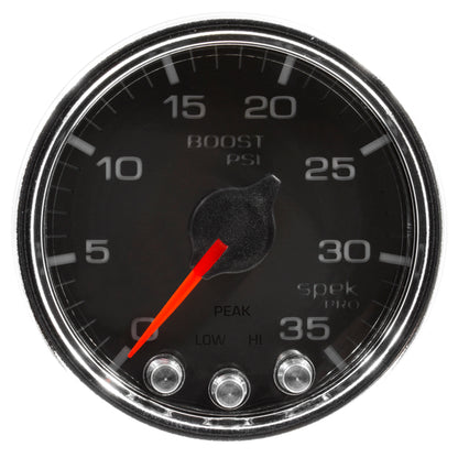 Autometer Spek-Pro Gauge Boost 2 1/16in 35psi Stepper Motor W/Peak & Warn Black/Chrome