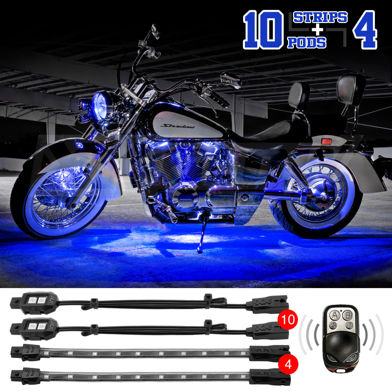 XKGLOW XK Glow Strips Single Color XKGLOW LED Accent Light Motorcycle Kit Blue - 10xPod + 4x8In
