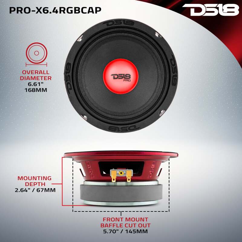 DS18 6.5in 250 Watts RMS 4 ohm Mid-Range Loudspeaker w/ RGB Dust Cap