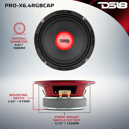 DS18 6.5in 250 Watts RMS 4 ohm Mid-Range Loudspeaker w/ RGB Dust Cap