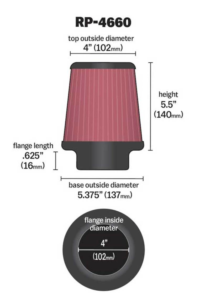 K&N Engineering K&N Universal Air Filter - Round Tapered 4in Flange ID / 5.375in Base OD / 4in Top OD / 5.5in H