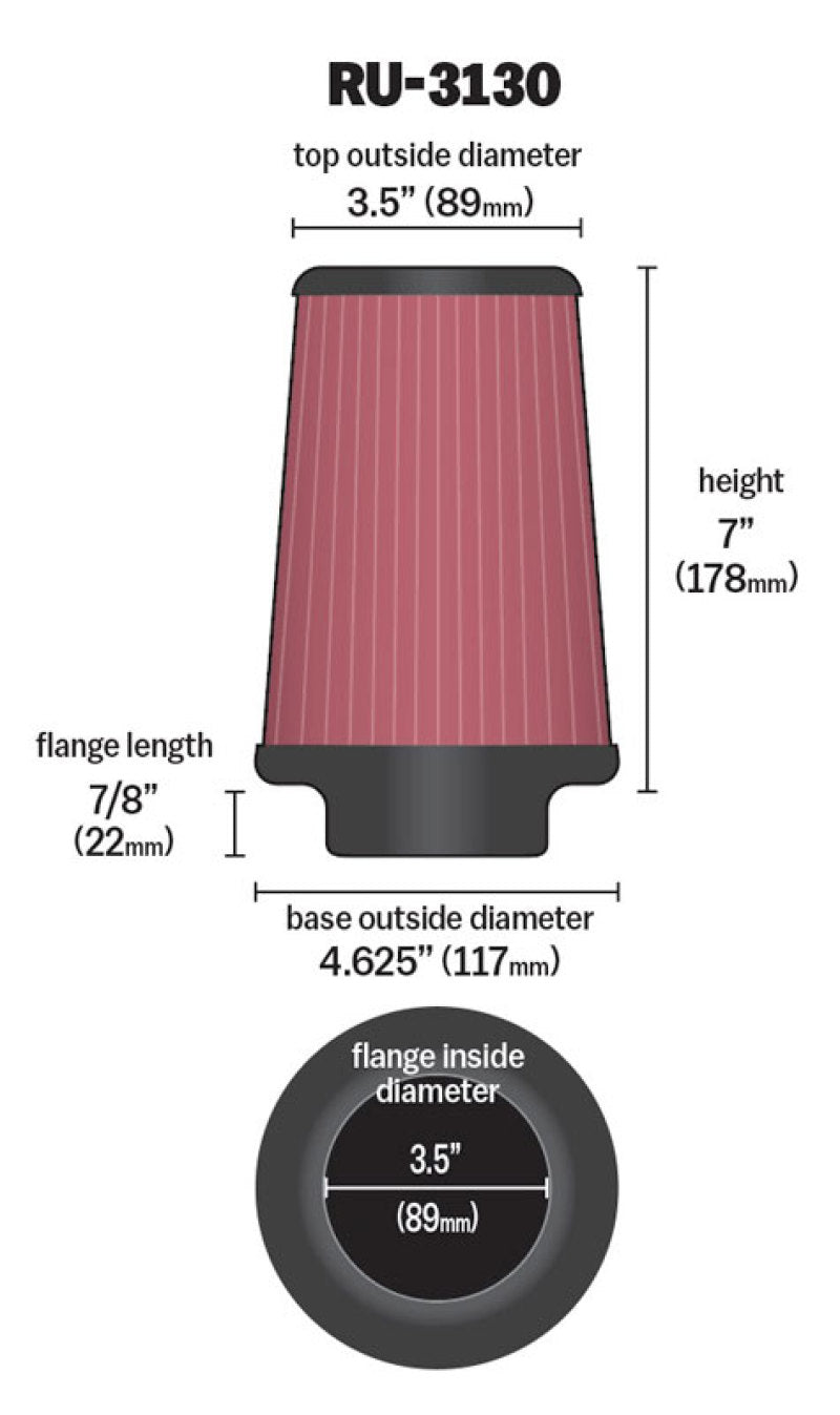 K&N Engineering K&N Filter Universal Rubber Filter 3 1/2 inch Flange 4 5/8 inch Base 3 1/2 inch Top 7 inch Height