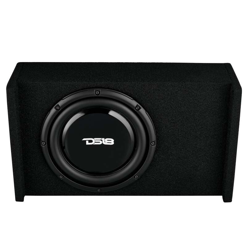 DS18 Single 10in Shallow Subwoofer and Enclosure 300 Watts RMS Downfiring Sealed Black Carpet