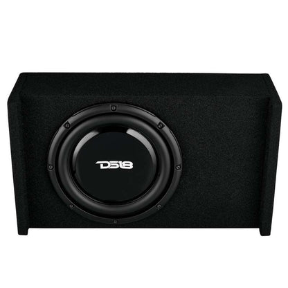 DS18 Single 10in Shallow Subwoofer and Enclosure 300 Watts RMS Downfiring Sealed Black Carpet