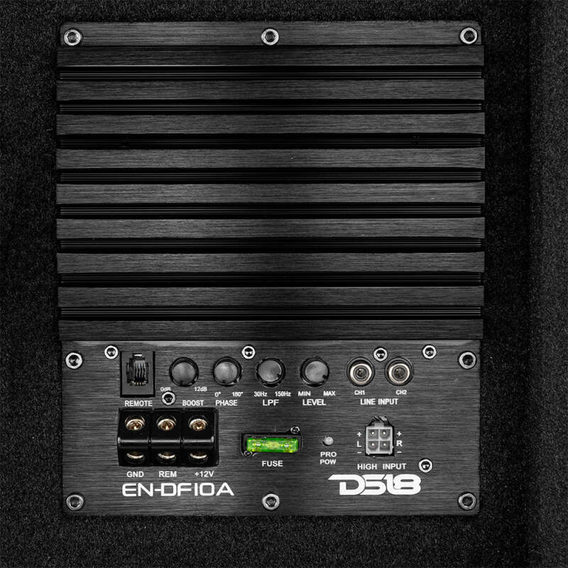 DS18 Single 10in Shallow Subwoofer & Enclosure 300 Watt RMS Downfiring Sealed Black Carpet Amplified