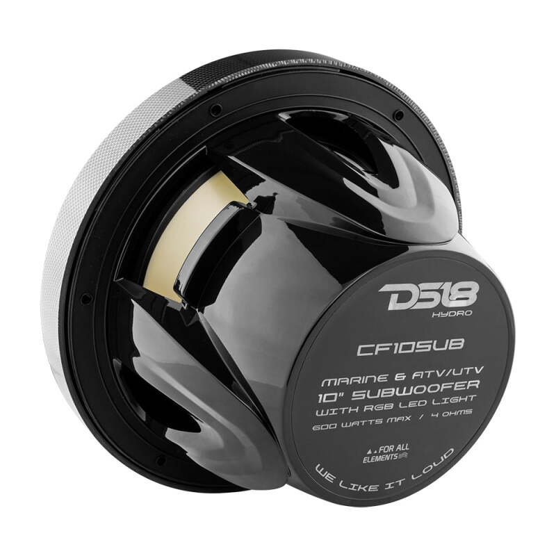 DS18 NXL Marine Subwoofer With RGB LEDs 10in 300 Watts RMS 4 ohm SVC Black Carbon Fiber