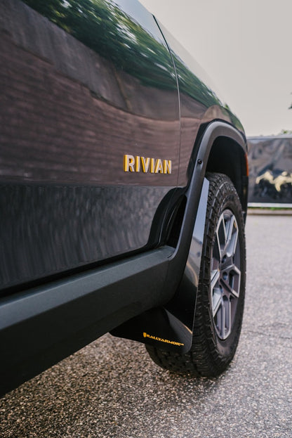 Rally Armor 22-25 Rivian R1T Black UR Mud Flap w/Tangerine Scream Logo