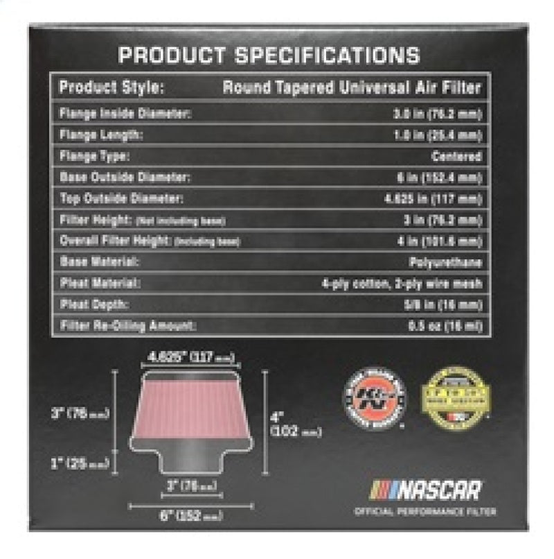 K&N Engineering K&N Universal Round Clamp-On Air Filter 3in Flange ID x 6in Base OD x 4.625in Top OD x 3in Height