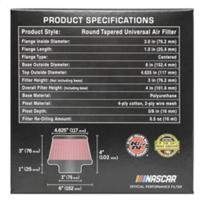 K&N Engineering K&N Universal Round Clamp-On Air Filter 3in Flange ID x 6in Base OD x 4.625in Top OD x 3in Height