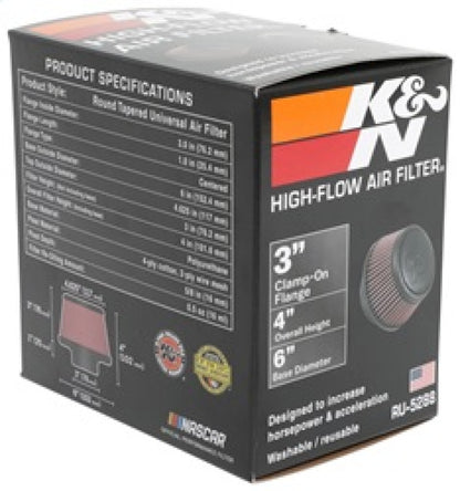 K&N Engineering K&N Universal Round Clamp-On Air Filter 3in Flange ID x 6in Base OD x 4.625in Top OD x 3in Height