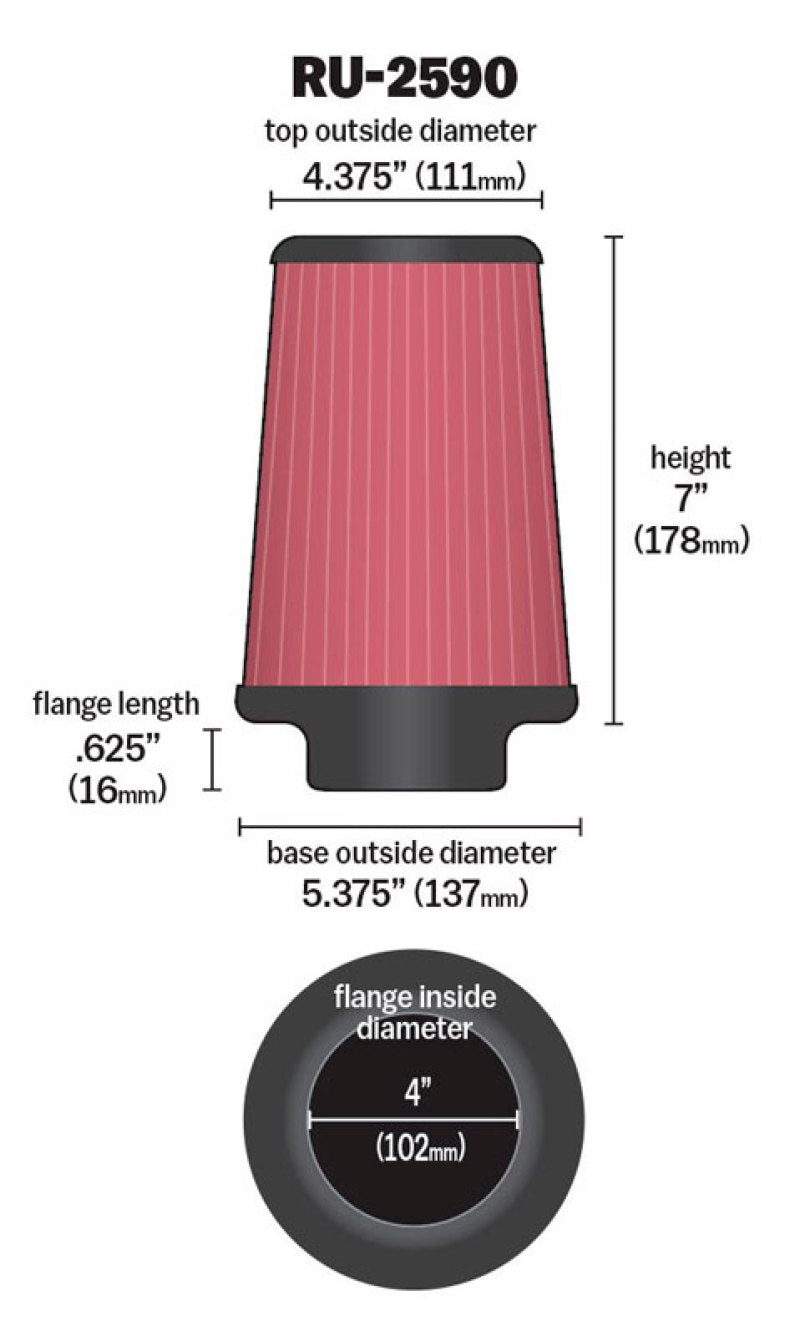 K&N Engineering K&N Filter Universal Rubber Filter 4 inch Flange 5 3/8 inch Base 4 3/8 inch Top 7 inch Height