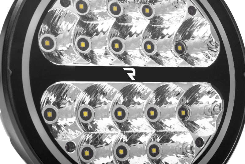 Go Rhino Xplor Blackout Series Round LED Driving Light w/DRL (Surface/Threaded Stud Mnt) 7in. - Blk