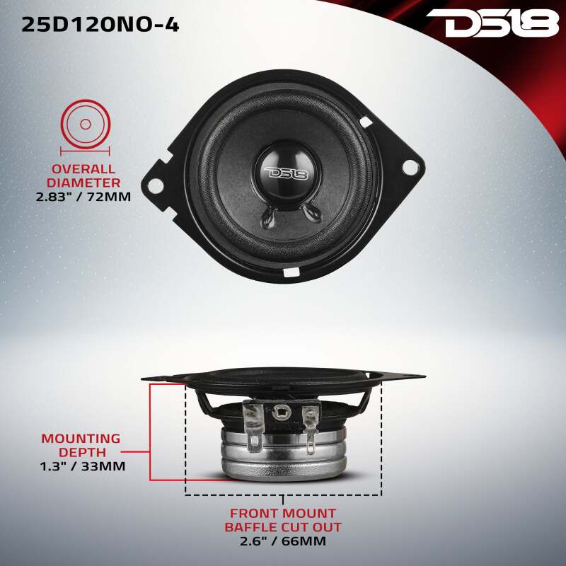 DS18 2.5in 60 Watts RMS 4 ohm Neodymium Full Range OEM Dashboard Loudspeakers