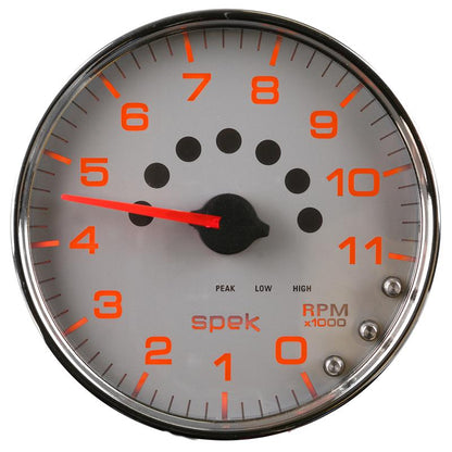 Autometer Spek-Pro Gauge Tachometer 5in 11K Rpm W/Shift Light & Peak Mem Silver/Chrome