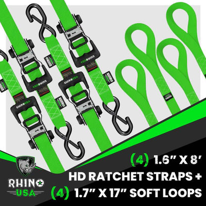 Rhino USA Heavy Duty Ratchet Tie-Down 4-Pack (Green) 1.6In X 8Ft