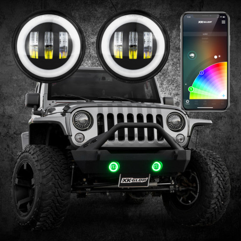 XKGLOW XK Glow 4In Black RGB LED Jeep Wrangler Fog Light XKchrome Bluetooth App Controlled Kit