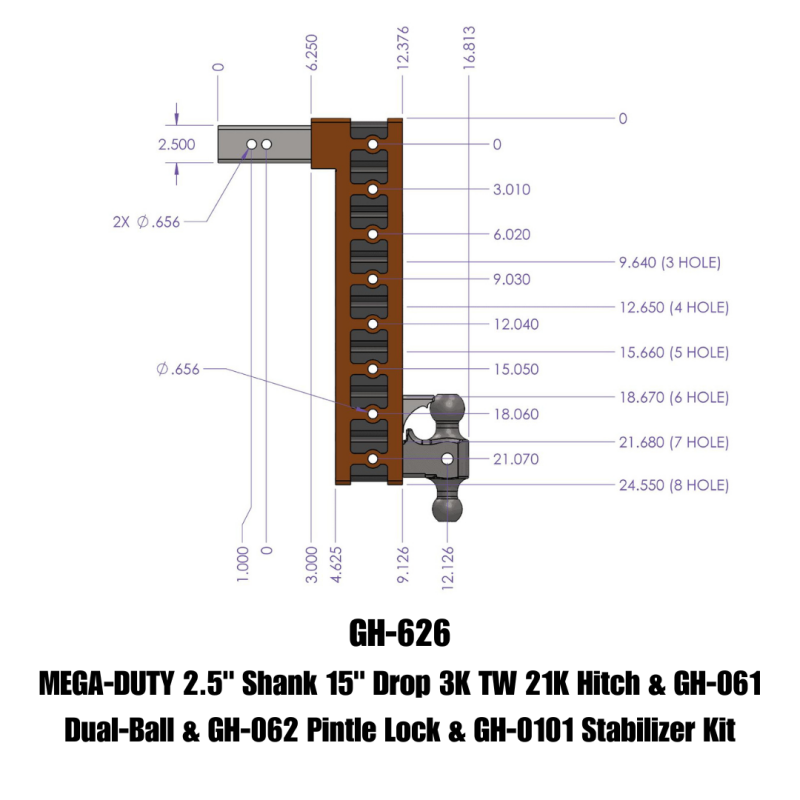 GEN-Y Hitch Gen-Y Mega Duty 2.5in Shank 15in Drop 21K Hitch w/Dual-Ball/Pintle Lock/Stabilizer Kit