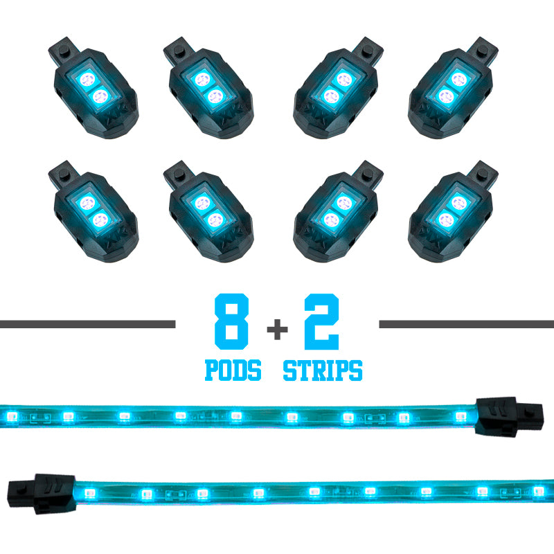 XKGLOW XK Glow Strips Single Color XKGLOW LED Accent Light Motorcycle Kit Light Blue - 8xPod + 2x8In