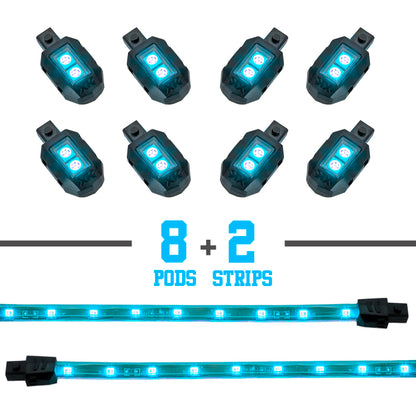 XKGLOW XK Glow Strips Single Color XKGLOW LED Accent Light Motorcycle Kit Light Blue - 8xPod + 2x8In