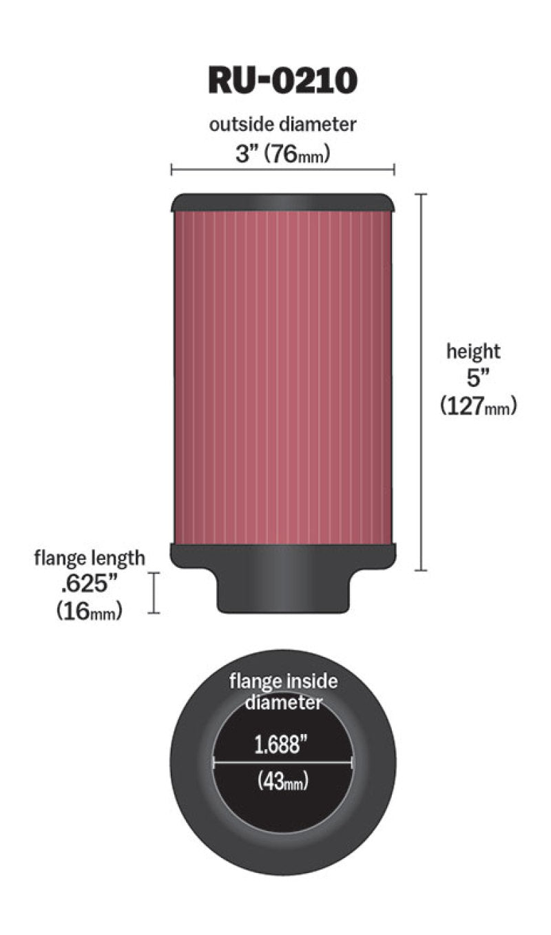 K&N Engineering K&N Filter Universal Rubber Filter 1-11/16in FLG / 3in OD / 5in Height
