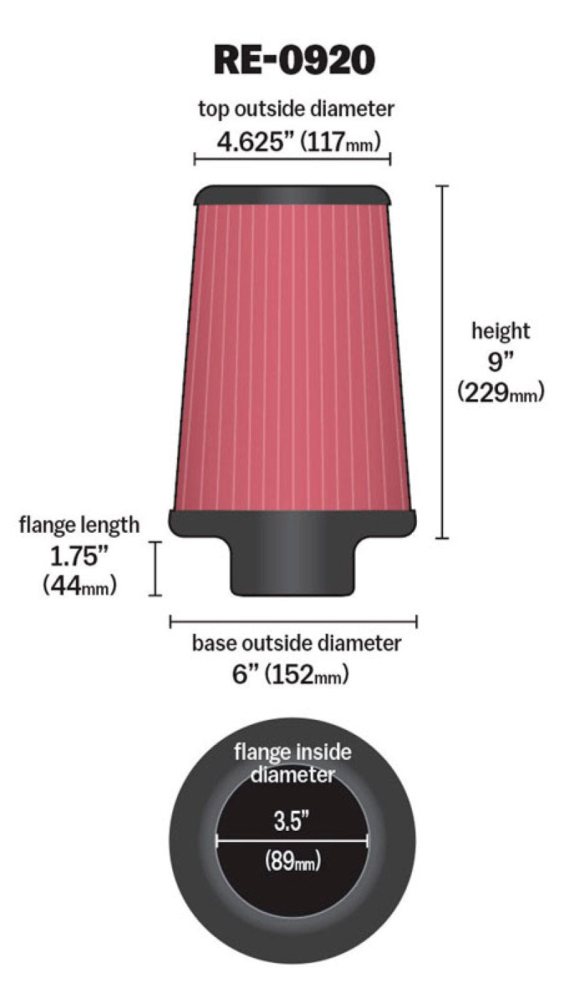 K&N Engineering K&N Universal Rubber Filter 3 1/2inch ID FLG / 6inch Base / 4-5/8inch Top / 9inch Height
