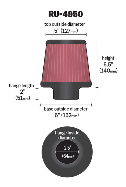 K&N Engineering K&N Filter Universal Rubber Filter 2 1/2 inch Flange 6 inch Base 5 inch Top 5 1/2 inch Height