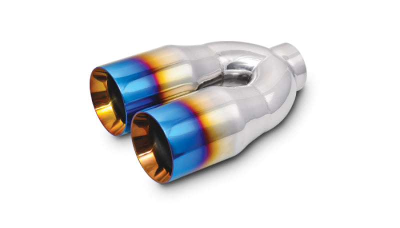Vibrant 2.5in ID Dual 3.5in OD Round SS Tips (Double Wall, Straight Cut) with Burnt Blue Finish