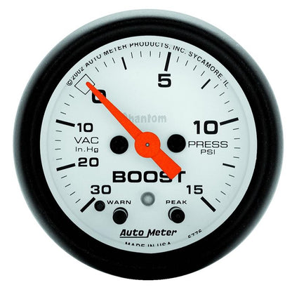 Autometer Phantom 52mm 30 in Hg-Vac/15PSI FS Electronic Vacuum/Boost w/ Peak Memory & Warning Gauge