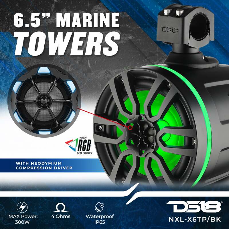 DS18 Tower Speakers 6.5in 100 Watts RMS w/ RGB LED Lights Red