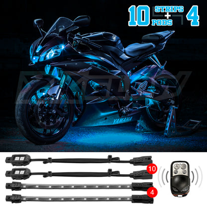 XKGLOW XK Glow Strips Single Color XKGLOW LED Accent Light Motorcycle Kit Light Blue - 10xPod + 4x8In