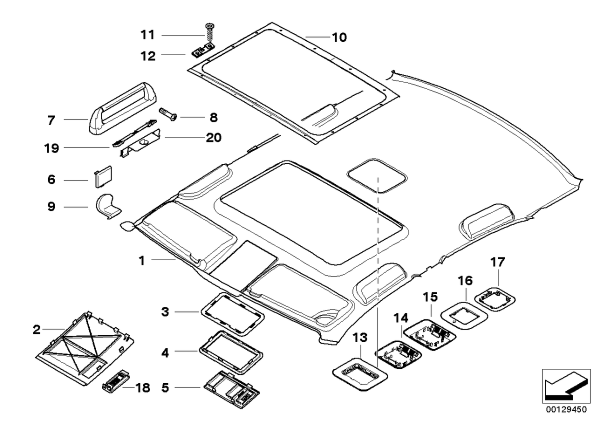 Genuine BMW 51447007300 E39 Molded Headlining F Slid. Lift. Roof Its HELLGRAU (Inc. 520d, 525d & 525i)