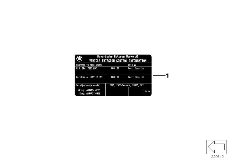Genuine BMW 71227599239 E60 E63 E64 Label "Exhaust Emission" (Inc. 550i & 650i)