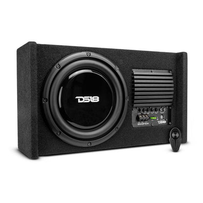 DS18 Single 10in Shallow Subwoofer & Enclosure 300 Watt RMS Downfiring Sealed Black Carpet Amplified