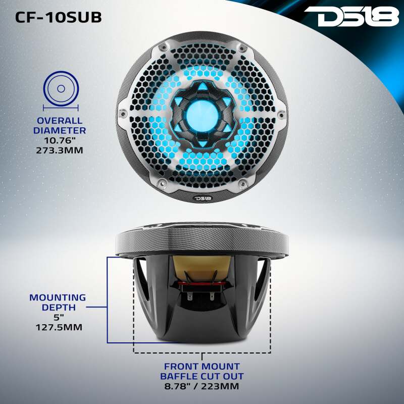 DS18 NXL Marine Subwoofer With RGB LEDs 10in 300 Watts RMS 4 ohm SVC Black Carbon Fiber