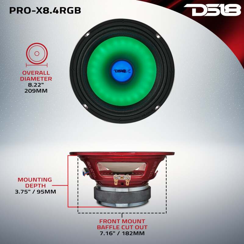DS18 8in 275 Watts RMS 4 ohm Mid Range Loudspeaker w/ Translucent Dust Cap and Cone w/RGB LED Lights