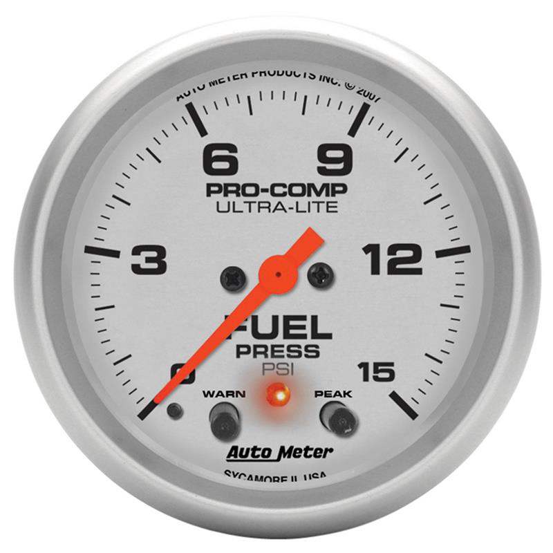 Autometer Ultra-Lite 66.7mm Full Sweep Elec 0-15 PSI Fuel Pressure w/ Peak Memory & Warning Gauge