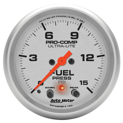 Autometer Ultra-Lite 66.7mm Full Sweep Elec 0-15 PSI Fuel Pressure w/ Peak Memory & Warning Gauge