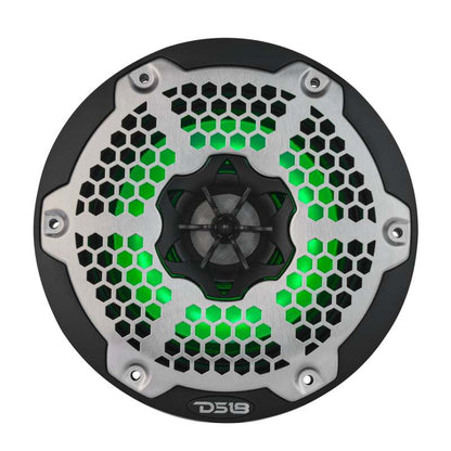 DS18 Hybrid Marine Speaker w/ Driver And RGB LEDs 6.5in 2-Way 250 Watts RMS 4 ohm Black w/ Covers