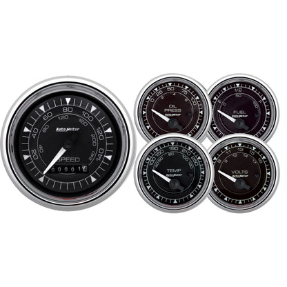 AutoMeter Chrono 3-3/8in & 2-1/16in Gauge Kit (5pc) w/Electric Speedometer - Chrome
